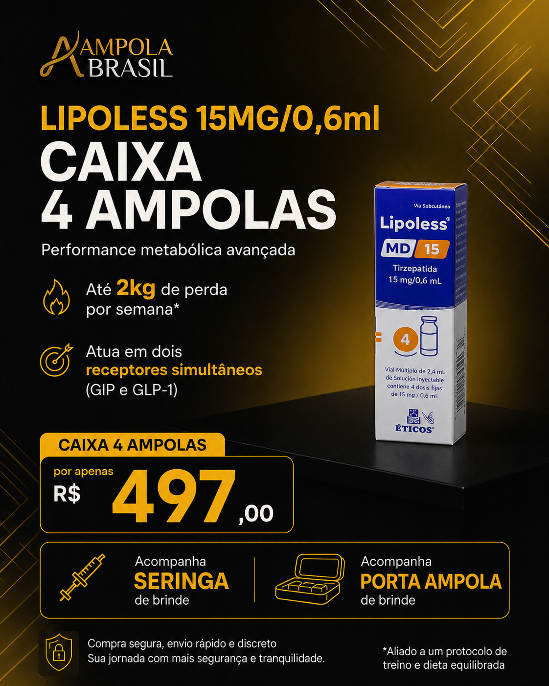 Lipoless 15 Tirzepatida 15MG/0,5ML (4 Frascos com Solução Injetável)